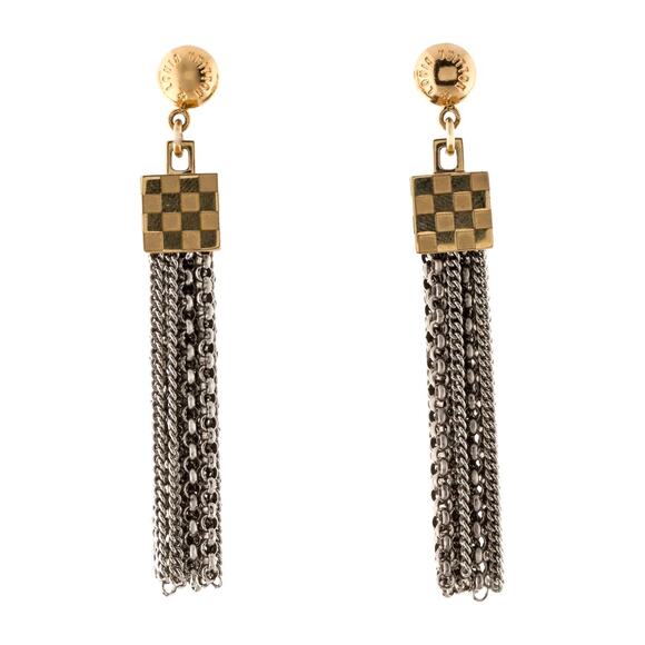 Louis Vuitton Damier Charlie Drop Tassel Chain Two Tone Brass Earrings Jewelry - Picture 1 of 8